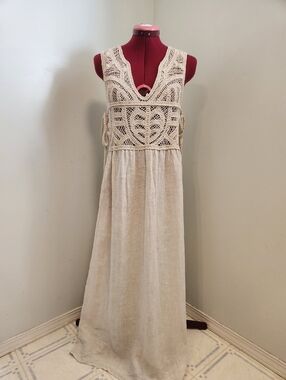 Unbranded Made In Italy Cotton Crochet And Linen Sleeveless Dress